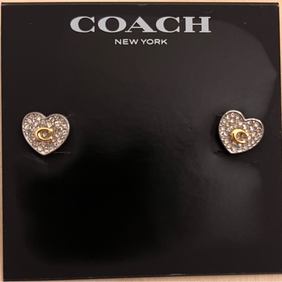 Coach Pave Heart Logo Stud Earrings Silver Gold-tone - Picture 2 of 5